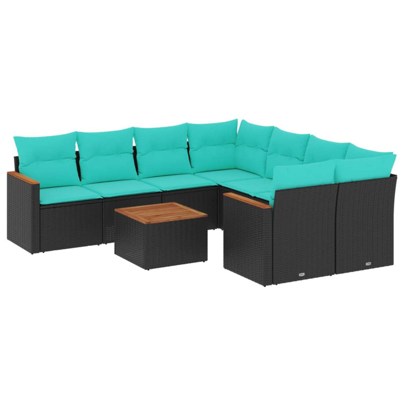 Ensemble de canapé de patio 9 pièces avec coussins en rotin de polyester, Bleu clair, Noir