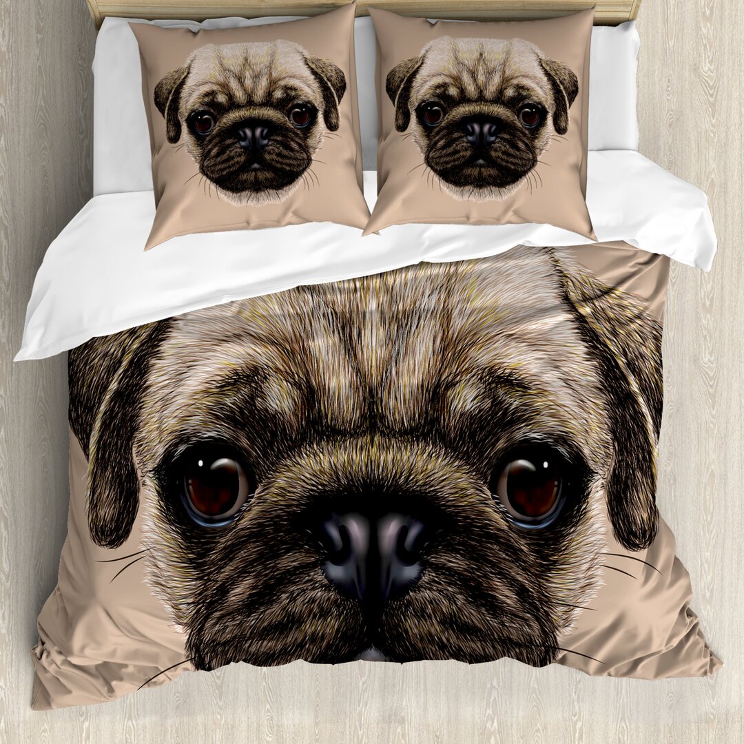 Bettbezug Set, Haustier-Tier-Kunst-Entwurf Hund, Mops, Tan Pale Brown