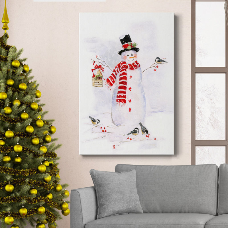 «Snowman And Chickadee Friends II», toile tendue avec châssis de qualité supérieure - prête à être accrochée