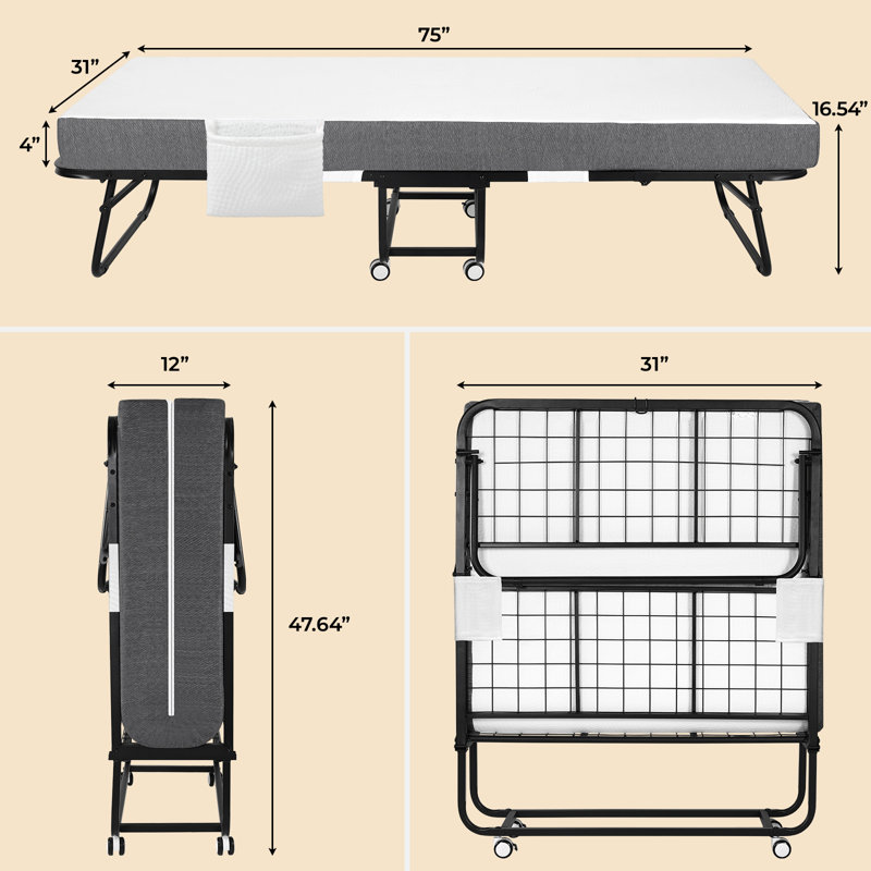 Pirecart Folding Bed with 3.7'' Mattress, 75" x 31" Twin Size Rollaway Bed with Mattress for Adults, Metal Frame with Memory Foam Mattress, Easy Moving, Portable Bed for Guest, Bedroom, Office, and Camp, No Assembly Required