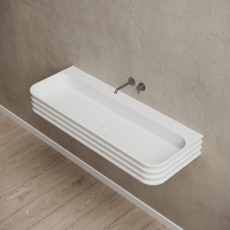 Lavabo de salle de bain mural cannelé à surface solide rectangulaire matte 31,5 "X 18" Monblari, Blanc mat