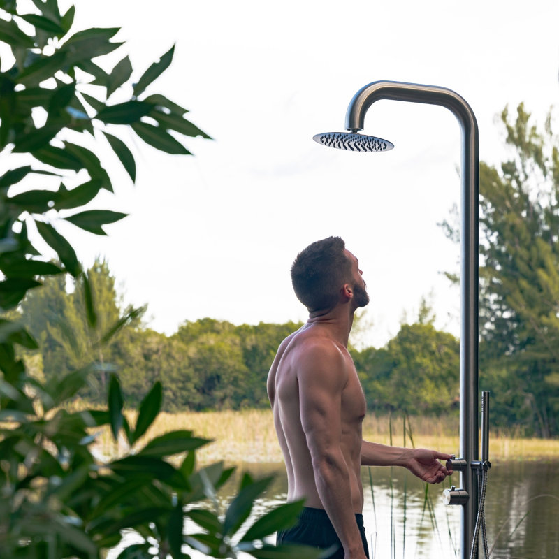 Pulsar 02 Freestanding Outdoor Shower with Hand Shower and Rain Shower Head, Brushed Stainless
