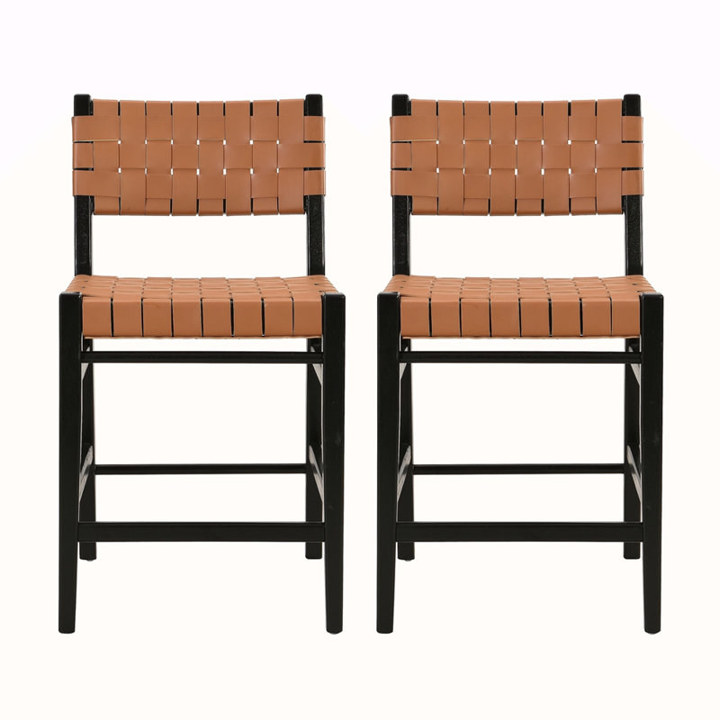Ensemble de 2 tabourets de comptoir 24,25 po Classic, ensemble de 2 tabourets de comptoir en polyuréthane brun avec structure en bois d'hévéa, dossier et siège en cuir tissé croisé, convient à la cuisine / chambre à coucher / salle à manger