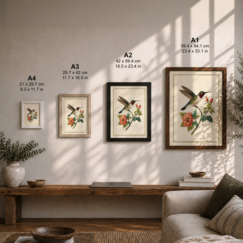 Hummingbird and Bloom Botanical - Framed Print, A3 - 42.0 x 29.7 cm, Walnut