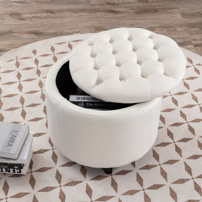 Repose-pieds rond avec rangement en velours Briana, Velours crème