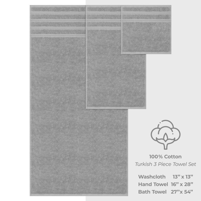 Ensemble de serviettes de bain turque 100% coton 3 pièces, collection super douce et absorbante Darcelle, Gris Rockridge