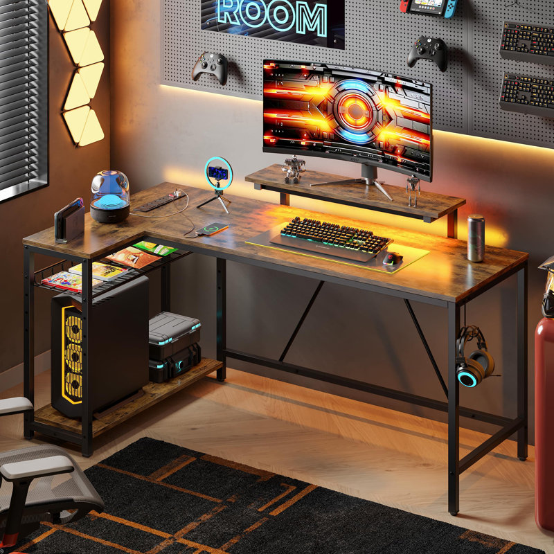 Modular L-Shaped Iron Computer Desk with Built-In Electrical Outlet, Rustic Brown