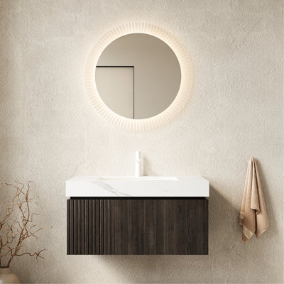 Meuble-lavabo 36 po avec lavabo, armoire flottante en contreplaqué, comptoir en pierre frittée blanche, lavabo en céramique, 1 trou de robinet pré-percé, assemblé, système de fermeture de porte à l'épreuve du feu