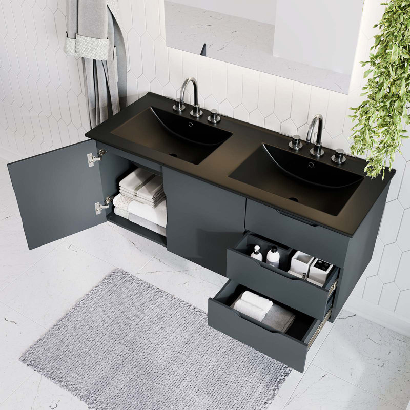  Vitality 48" Double Sink Bathroom Vanity, Gray, Black