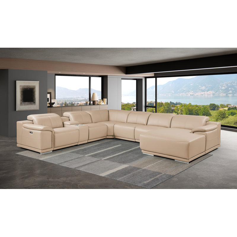 Canapé modulaire en L en cuir véritable 7 pièces beige avec 3 fauteuils inclinables et appuis-tête réglables
