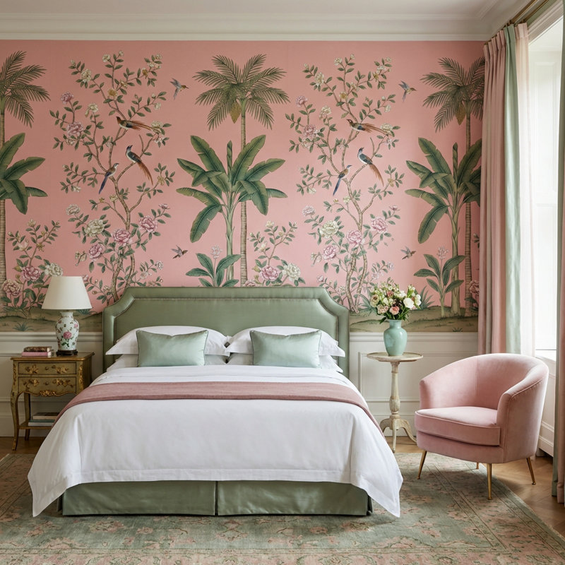 Papier peint floral oiseaux fond rose, Non tissé non collé, 140" x 108"