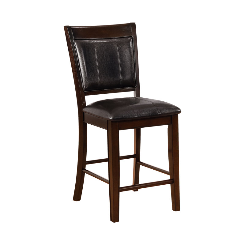 Dark Brown Counter Height Chair With Upholstered Seat, Back And Footrest, Wood Stools, Grace, Faux Leather Seat Back, Frame