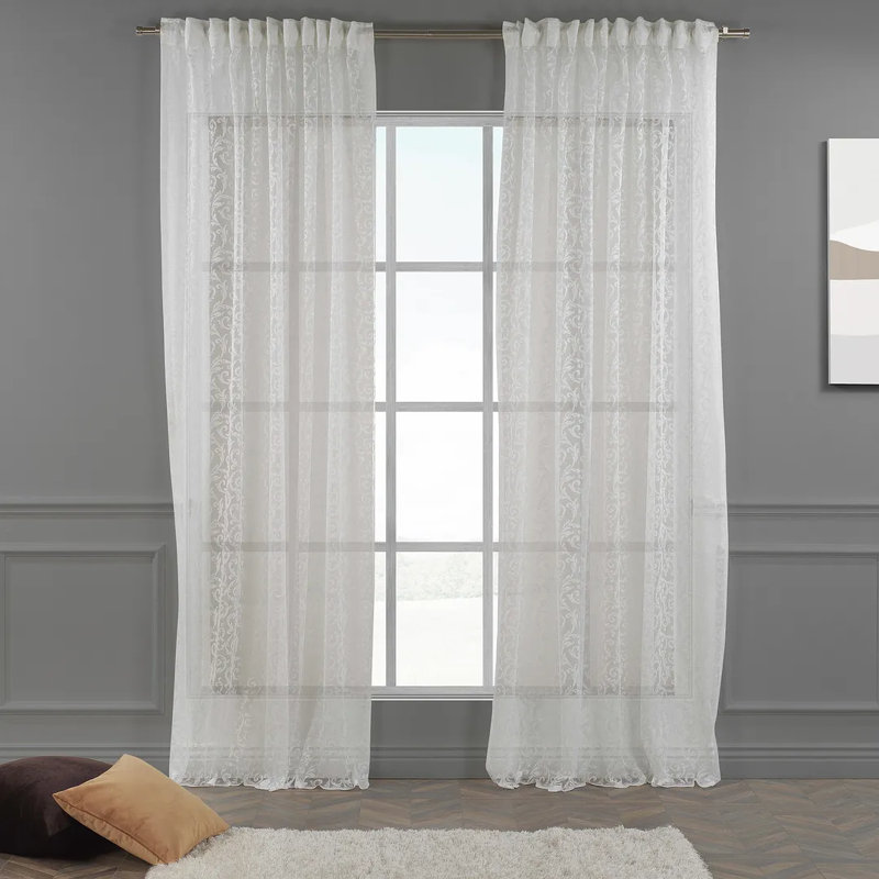 Extra Long and Extra Wide Classic Lace Patterned Sheer Curtain Panels, White, 52" W x 108" L