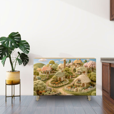 Buffet Buffet avec rangement Cozy Crochet Cottage Village Pastel Gardens fantaisiste fabriqué à la main avec 2 portes pour le salon et la cuisine