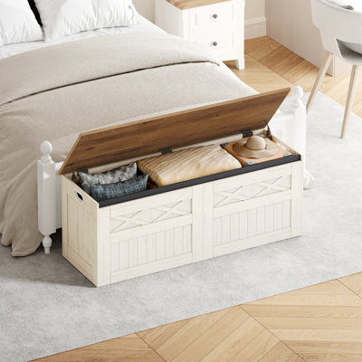 47.2" Storage Chest, Large Storage Bench with 2 Hinges, Farmhouse Wooden Box Bench, Lift-Top Organizer Chest, Wooden Bed End Bench, Suitable for Entryway, Bedroom, Retro White
