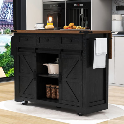 54" Farmhouse Kitchen Island with Drop Leaf, Power Outlet, 3 Drawers, Spice Rack& Wheels