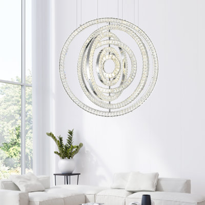 Lustre rond 37 po à DEL avec finition chromée pour salon, salle à manger, vestibule - DEL intégrée - hauteur réglable
