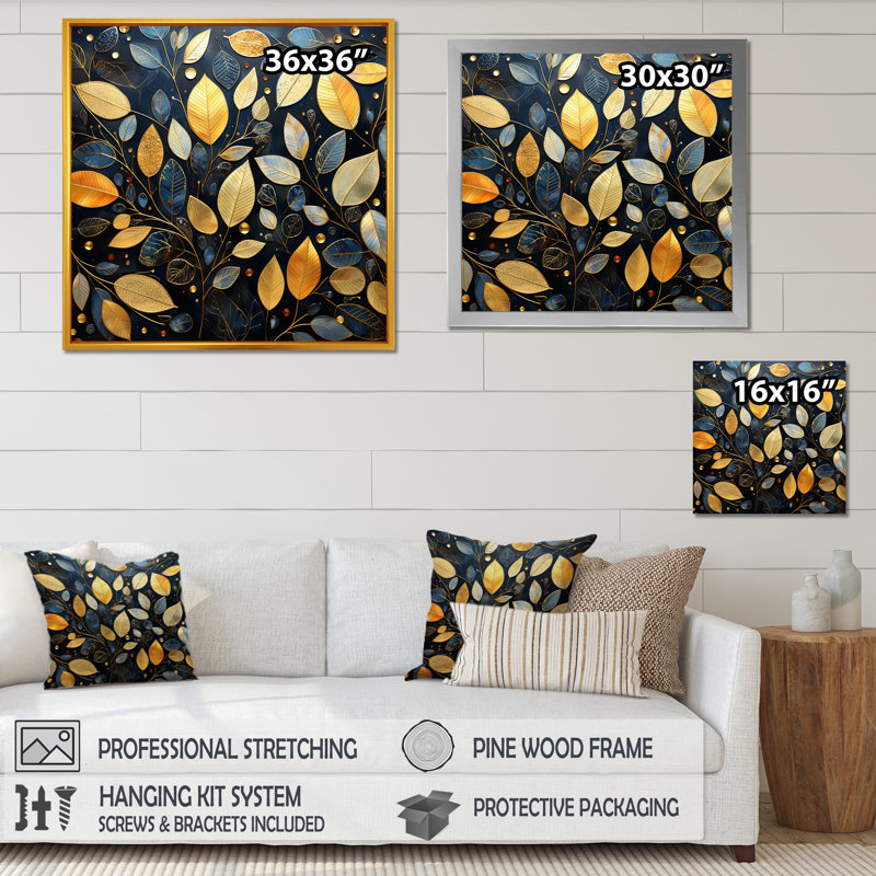 «Black and Gold Leaf Charm In Winter», reproduction sur toile, H 24 po x l 24 po x P 1 po, Cadre flottant doré
