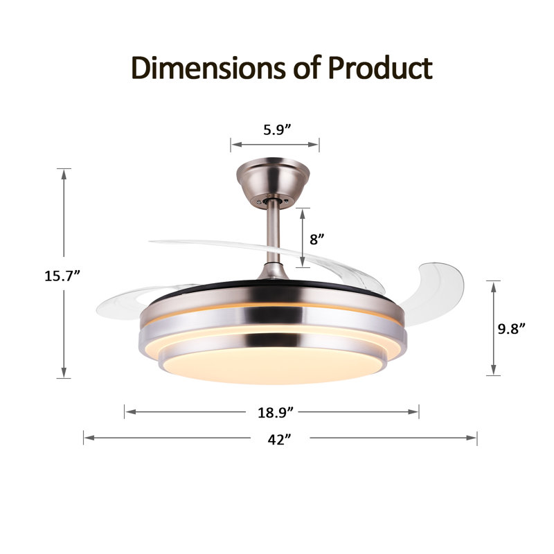 Ventilateur de plafond invisible 42 pouces 3 lumières à pales rétractables avec télécommande