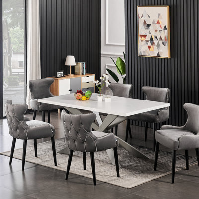 Ricky 6 Person Dining set - a Rectangular Wooden Dining Table with Metal Legs and a Set of 6 Quilted Velvet Dining Chairs for Dining Room - Modern Dining Table Set
