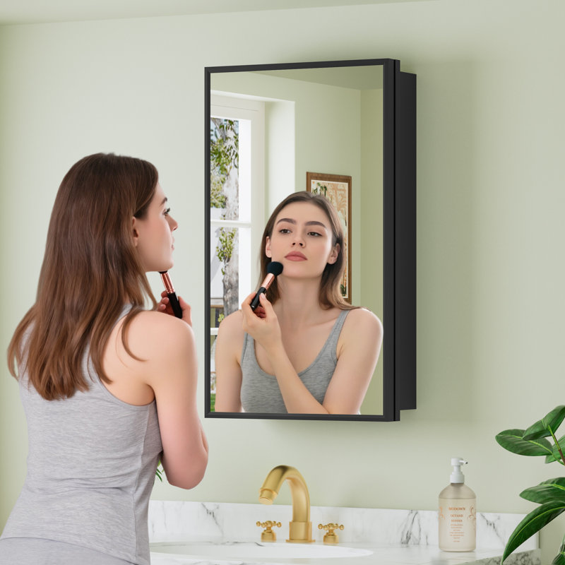 Armoire à pharmacie de salle de bain noire 14 po x l 24 po avec miroir, tablettes réglables en verre trempé, grand espace de rangement, encastré ou à fixation en surface