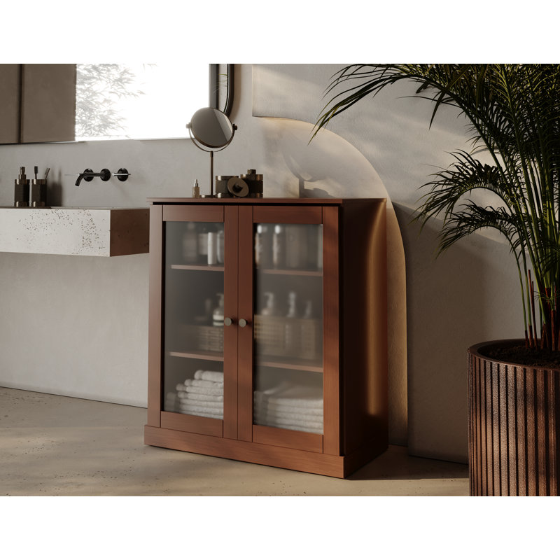 Armoire de salle de bain 100% bois massif 32 po avec portes en verre givré et tablettes réglables, Moka