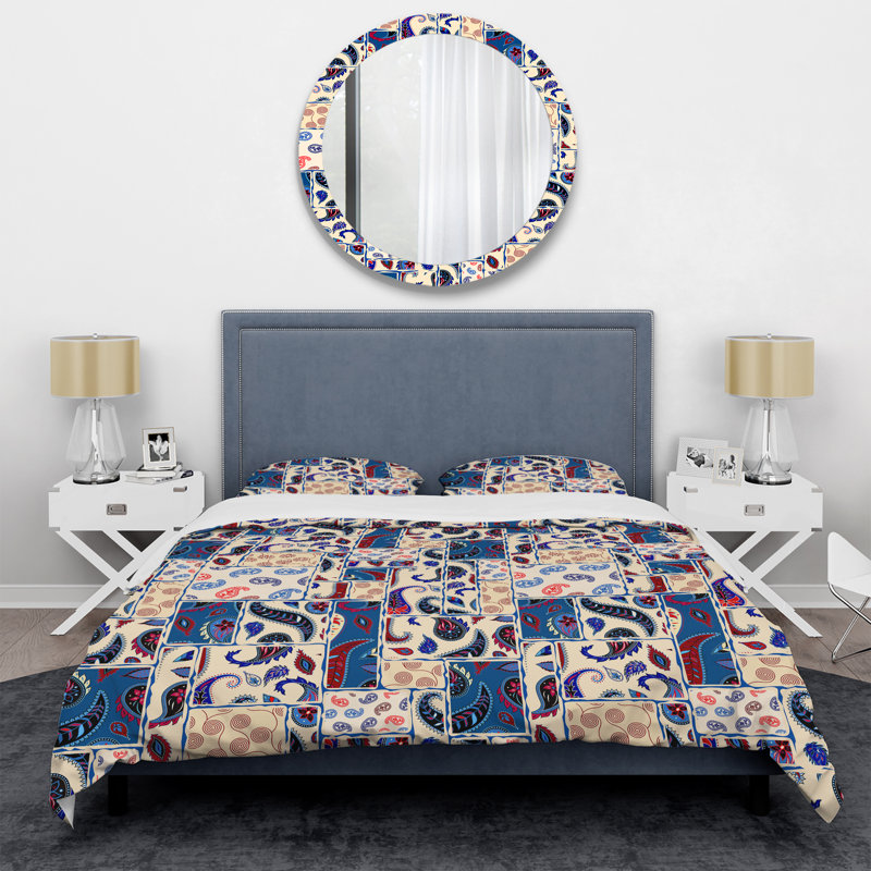 Patchwork bleu et crème - ensemble de housse de couette abstrait - microfibre de polyester