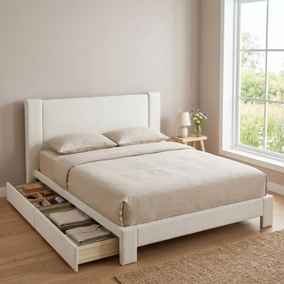 Modern Minimalist Shelter Upholstered Platform Bed with 4 Storage Drawers, King, Cream Brushed Linen