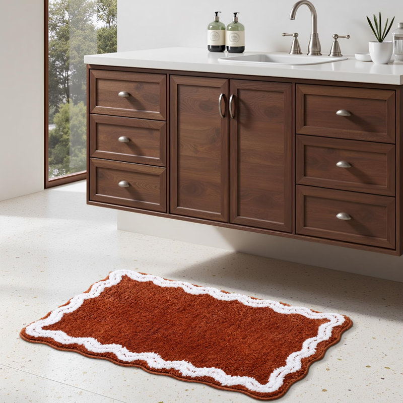  Terracotta Scalloped Bath Mat - Soft Microfiber Bathroom Rug, Non-slip Cute Mat For Tub & Shower, Aesthetic Decor For Modern Bathrooms,31x20 Inches