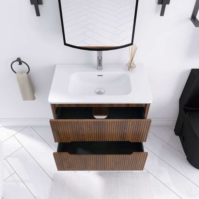 30'' Wall-Mounted Single Bathroom Vanity With Integrated Ceramic Top, Walnut