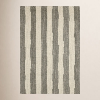 Grey Hand-Hooked Striped Wool Rug