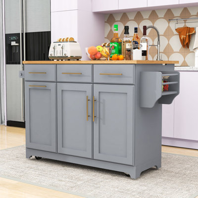 Rolling Kitchen Island with Drop Leaf, Trash Can Cabinet, Pull-Out Cabinet and Power Outlet