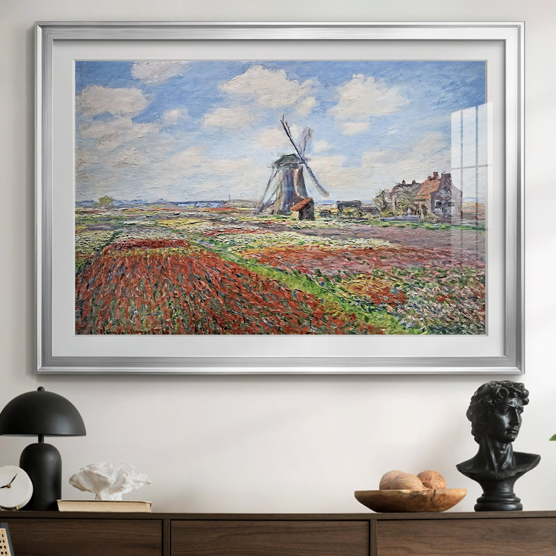 Tulip Fields with the Rijnsburg Windmill-Claude Monet - reproduction d'art encadrée avec passe-partout et verre - 1886