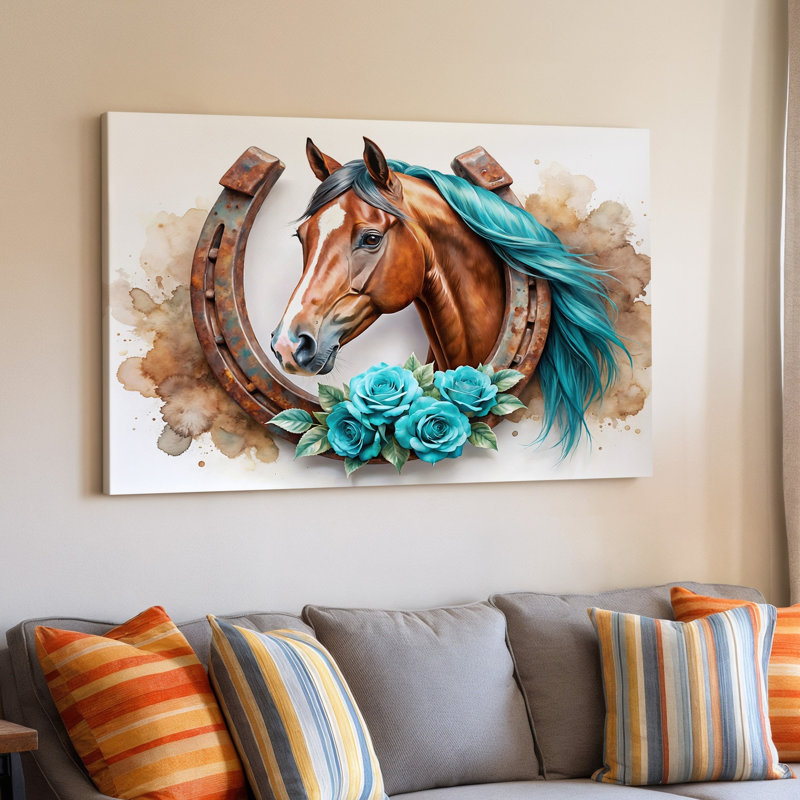 Impression sur toile brune cheval brun avec fer à cheval et crinière bleue, 30 x 40 in