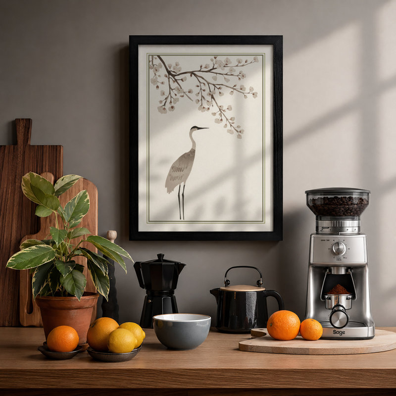 Heron and Cherry Blossom Japandi - Framed Print, Black, A3 - 42.0 x 29.7 cm
