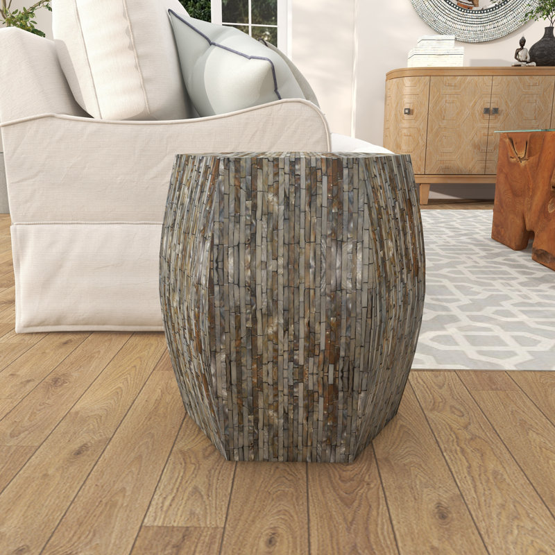 Alissa Mother of Pearl Shell Handmade Shell Mosaic Hexagon Side End Gray Accent Table with Brown Accents