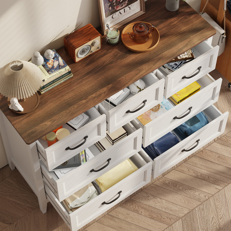 47.1" Farmhouse 7-Drawer Antique White Dresser with Wood Top, Retro