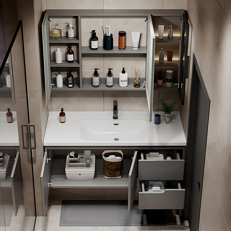 Meuble-lavabo mural moderne et minimaliste en bois d'hévéa gris avec lavabo en céramique intégré et armoire à pharmacie intelligente