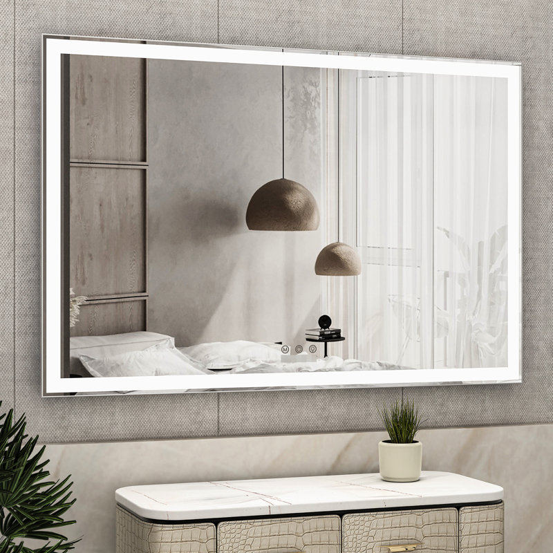 Miroir mural de salle de bain 60 po x 40 po avec cadre en aluminium à DEL durable, imperméable et durable, 3 réglages de couleur, système de commande tactile à fonctionnalité intelligente