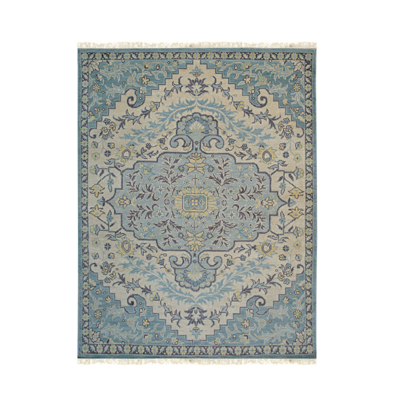 Tapis traditionnel ivoire en laine noué à la main Bianca, Rectangle 8 pi x 10 pi