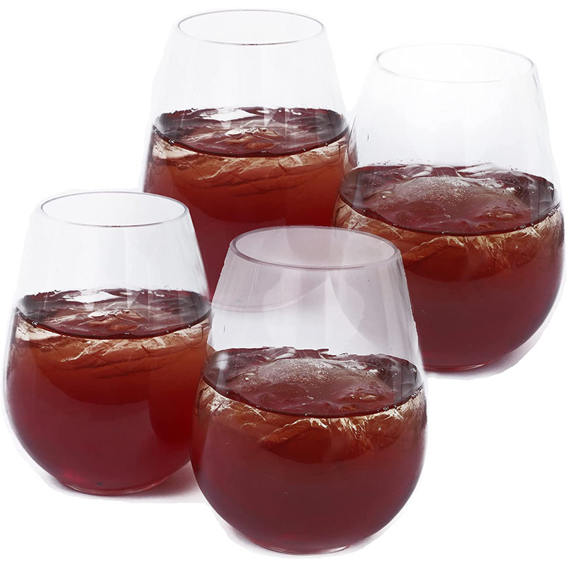EcoQuality Clear Plastic Stemless Wine Glass Set of 16