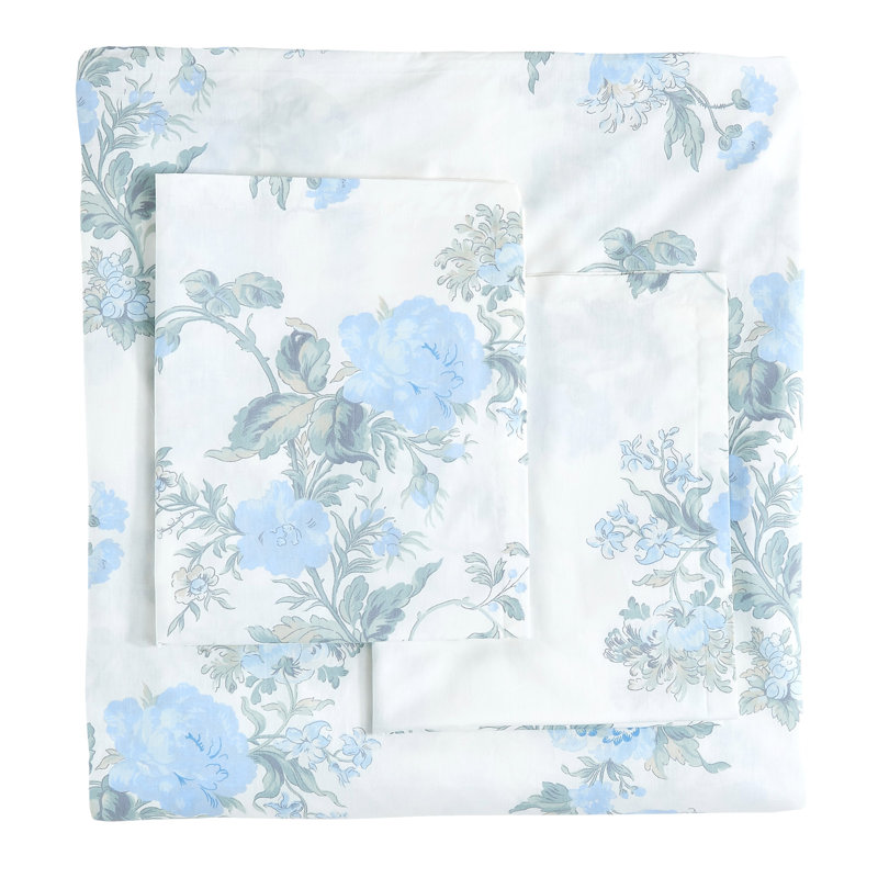 Rose Percale Cotton Printed Toile Duvet Cover Set, Blue, Queen Duvet Cover + 2 Pillowcases