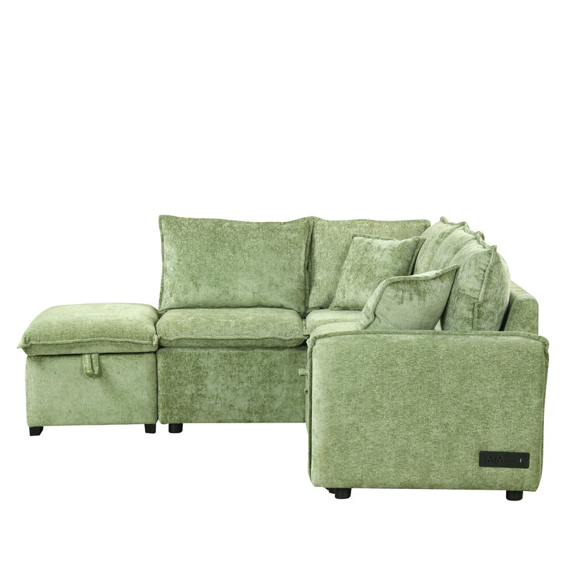 Canapé-lit modulaire convertible en L 82,67 po avec repose-pieds et rangement, Chenille verte