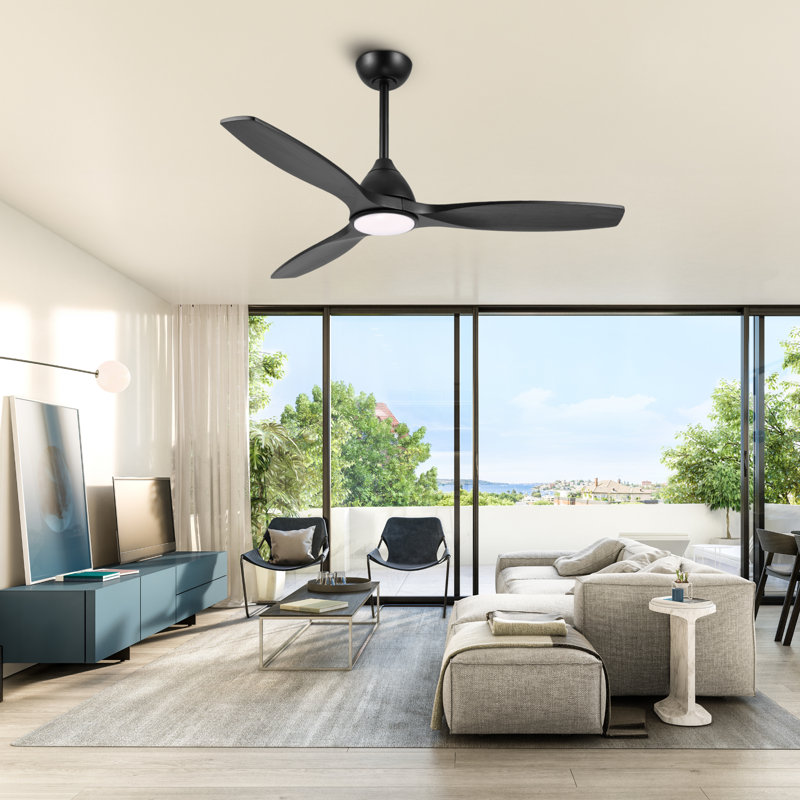 52" Balmer 3 - Blade LED Smart Propeller Ceiling Fan with Remote Control and Light Kit Included, Black, Black