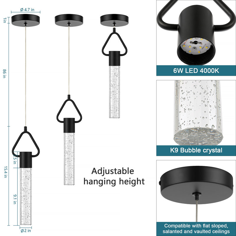 Luminaire suspendu en cristal Brevick, Noir, Triangle, 1 lumières