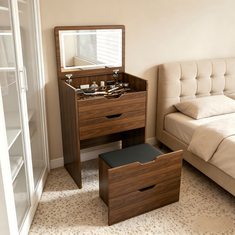 Table de coiffeuse 23,65 pouces 3 en 1 avec miroir éclairé et tabouret, plateau rabattable, pour chambre à coucher, salle de bain, vestiaire, noyer