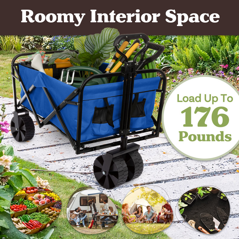 Pure Garden Collapsible Wagon with Telescoping Handle - Heavy-Duty Folding Utility Cart with Wheels for Camping, Garden, Beach, and Shopping (Blue)