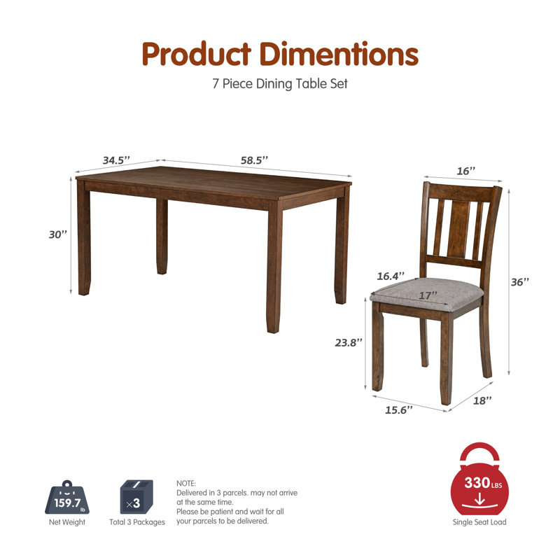 Ensemble de salle à manger 7 pièces brun noyer, table rectangulaire en bois et 6 chaises rembourrées en lin, ensemble de salle à manger moderne pour 6 personnes