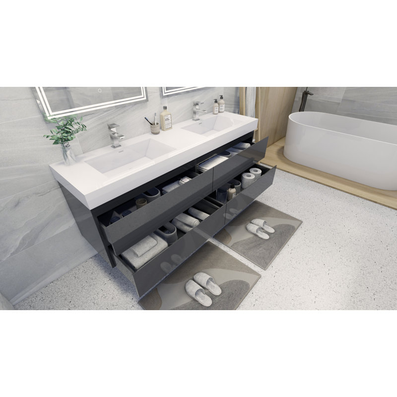 Ensemble de meuble-lavabo de salle de bain double fixé au mur 71" Leni, Gris à haute brillance