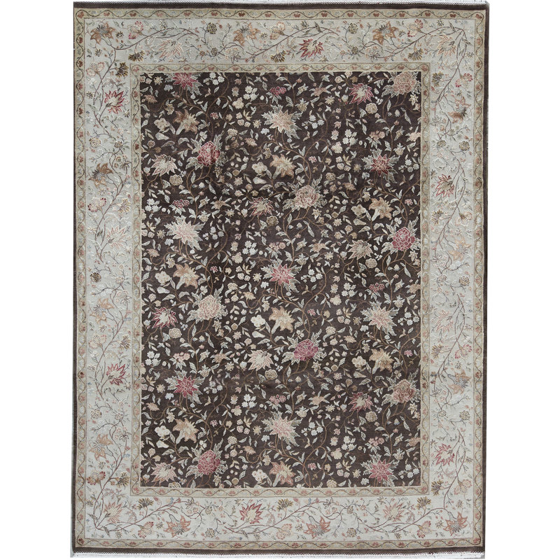 Tapis brun et ivoire de haute qualité noué à la main